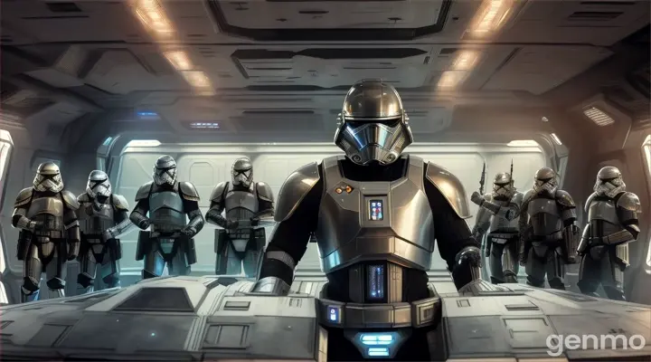 A man in high-tech armor stands guard over his warriors as they load cargo into a spaceship on a bustling space station