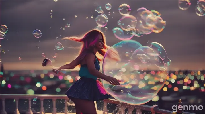 woman play with bubbles, floating and rain. pop up pieces, vibrant colors, fine color combination, with far view, hair flow with the win, full body view vith ambience full of bubbles, playing in the festival