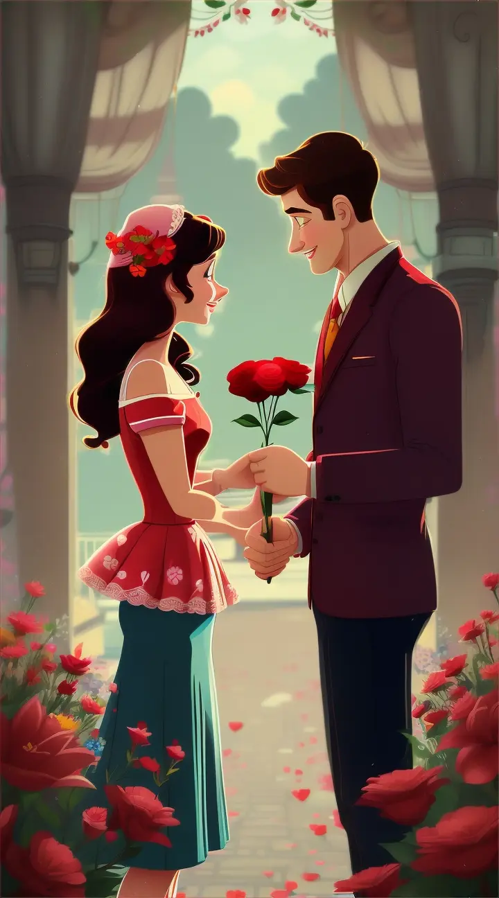 man giving a red flower to woman cartoon 