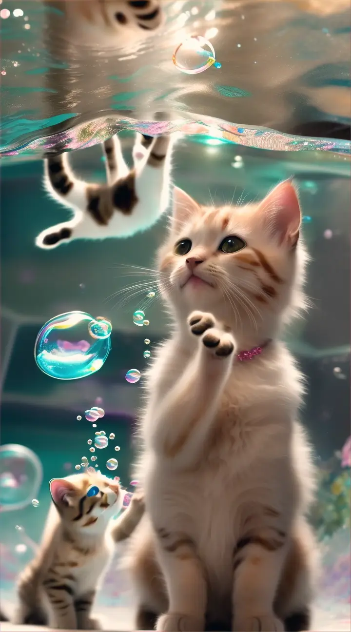 Kittens underwater bubble play