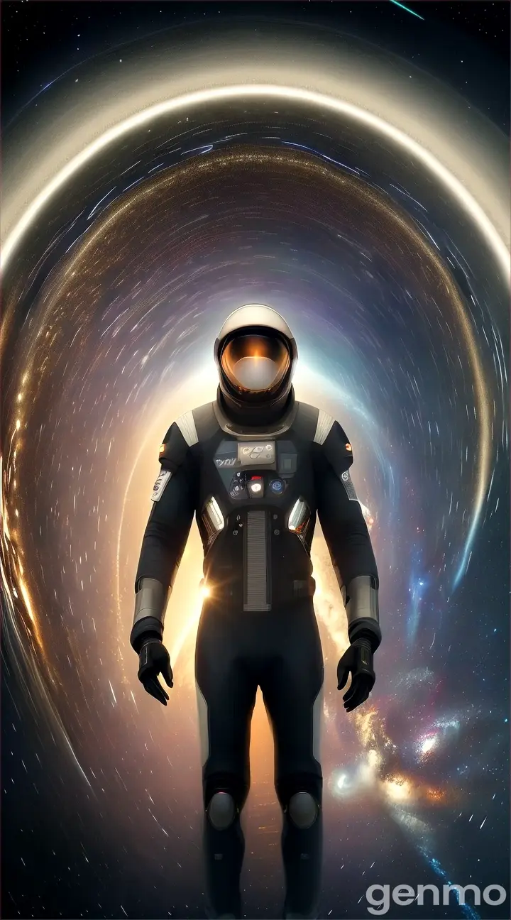 The astronaut continues stretching, now fully elongated into a thin line, approaching the singularity at the center of the black hole. The background warps into a swirl of darkness and light as the singularity looms.