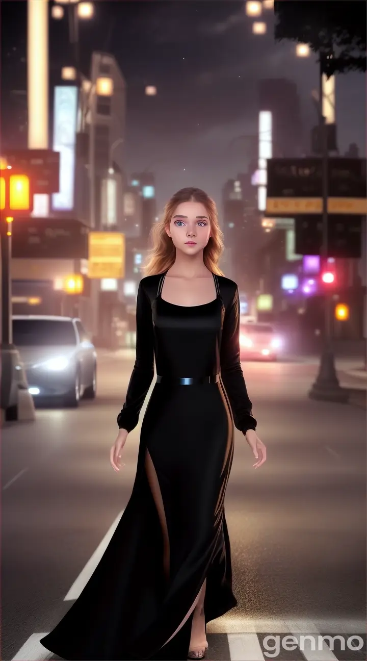 “young girl in long black loose long gown   futuristic running towards us, looking extremely hot with her attractive marvellous features and looks, perfect prominent movement and animations, hyperrealistic, perfect prominent beautiful features,  in the evening time, glowing lighting effects in street, looks like an extremely beautiful fair doll with hazel eyes, attractive, 9:16 ratio”