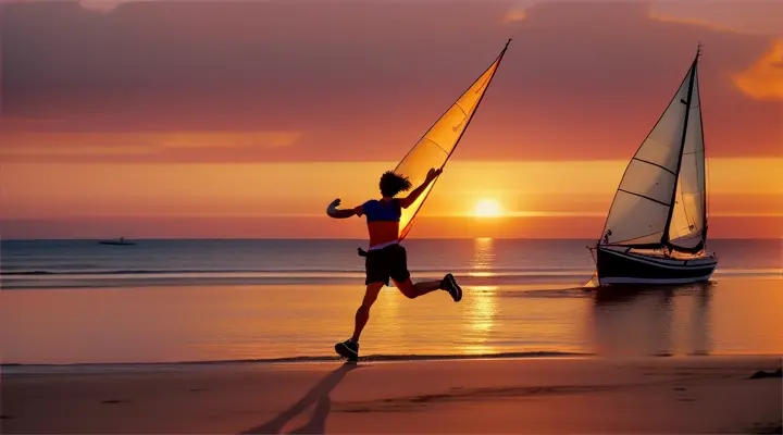 A Spanish jogger silhouetted against a brilliant sunset, stretching on the beach with sailboats anchored nearby