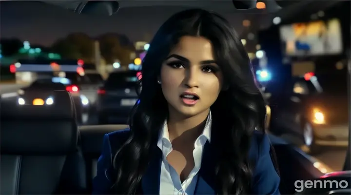 at night, in the city, a singing woman with Long wavy Black Hair in dark blue business suit and white undershirt looking at the camera driving the car singing with emotional looking at the camera