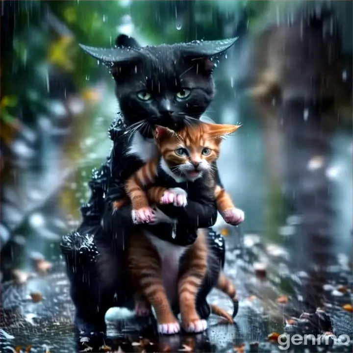 a cat is holding a kitten in the rain