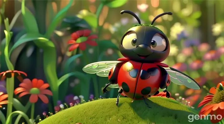 a ladybug dancing on a green surface surrounded by flowers
