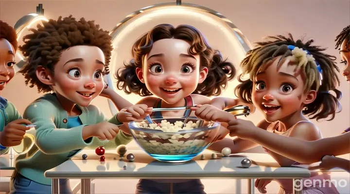 a group of children standing around a bowl of food