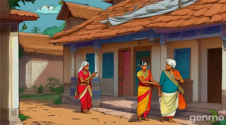 An old women in saree come in village house with a man in dhoti cartoon 