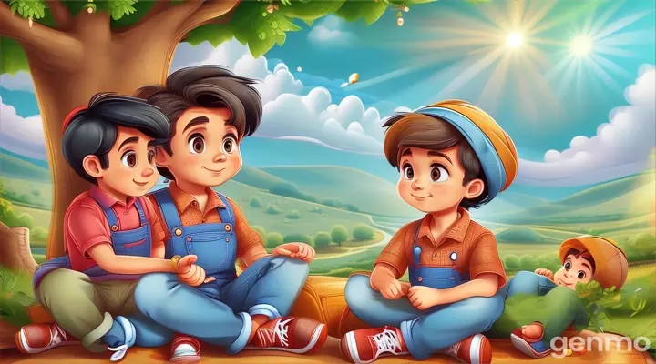 a boy and a boy sitting under a tree