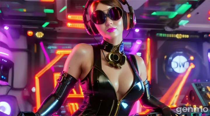 A slender woman with shapely hips and a larger bust than usual, wearing steampunk glasses, shiny headphones and a low-cut latex swimsuit, stands near a DJ mixing console and an electric piano in a steampunk club. Minimal clothing. Laser beams of bright colors against the background of large television screens. "FPV drone shot"