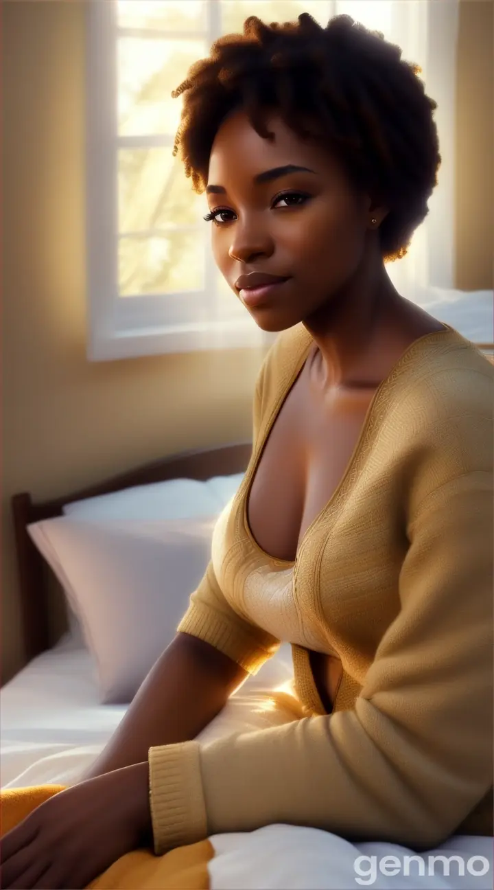 A beautiful african american woman waking up on the morning with sunlight streaming into a beautiful bedroom