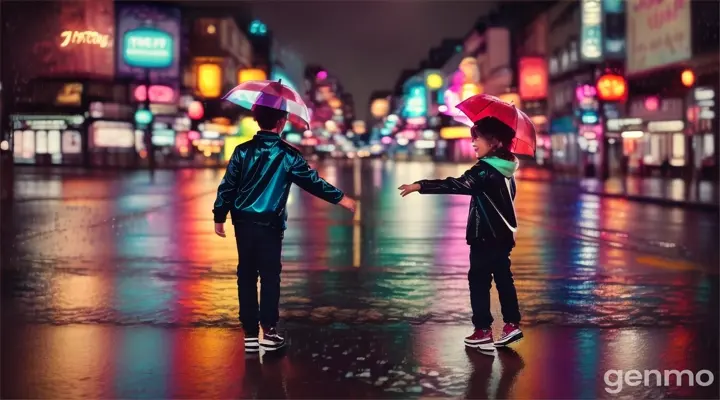 A boy and a girl dancing on the road while it is raining.