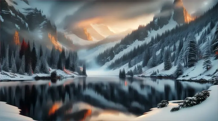 red fire lake in the midle of a dark forest, snowy mountain