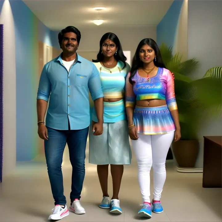 A cinematic realistic wide shot of couple video of of one man with two wives,The Husband is Tamil south indian ultrathin Bony body dark brown skin short straight Hair wearing a stylish white and blue mixed Full sleeve rainbow shirt with rainbow accents, blue jeans, and Adidas sneakers on legs. The First Wife is Tamil south indian fair skin round face chubby big size,big boobs,cuvasious Voluptuous plus size woman dressed in a sexy playful schoolgirl outfit, navel, cleavage, and Nike shoes on legs. The Second Wife is Tamil south indian oval shape face, long hair,wearing a vibrant rainbow-themed ensemble and Nike sneakers on legs. Batman, Joker, and Jack Sparrow are also in the scene. The Husband, his two wives, and the iconic trio are dancing together in the center of the party hall. of a vibrant, neon-lit party hall with a rainbow theme with full of royal wooden chairs and tables placed near the walls of the floor. The walls are adorned with 3D, multi-colored neon text reading "🌈💕✨⭐🪙💵 MSMPR 💵🪙⭐✨💕🌈"Their movements are synchronised and full of energy, creating a visually stunning and memorable atmosphere