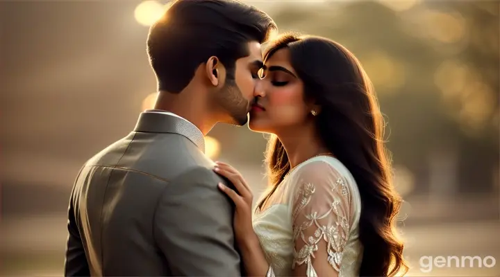 a beautiful young Pakistani couple sharing an intimate, lip-to-lip kiss. The couple is dressed in modern, elegant outfits, their eyes closed as they lean into each other with tenderness. The soft glow of warm lighting highlights their features, capturing the romantic moment in a serene and luxurious setting. The background is blurred, focusing entirely on their connection, as the gentle expressions on their faces reflect love and passion.