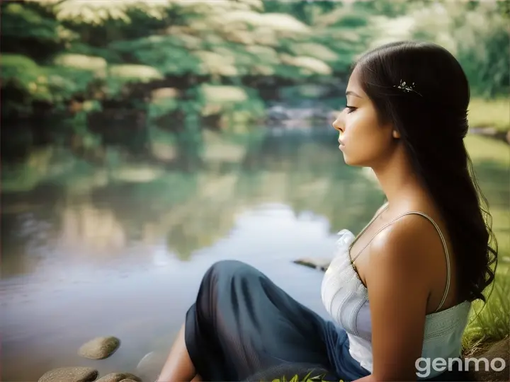 Woman seating near river and thinking