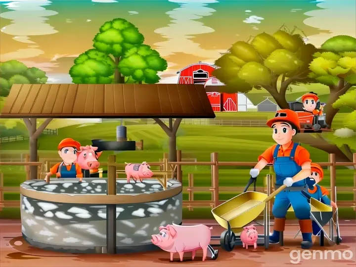 a farmer and a pig in a farm