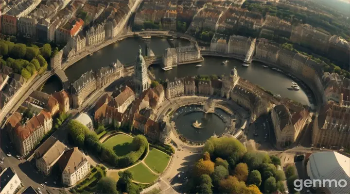 Vue des toits d'une ville médiévale fantastique avec cours, jardins et marchés illuminée par un soleil d'été et au centre de laquelle s'élève une haute tour blanche