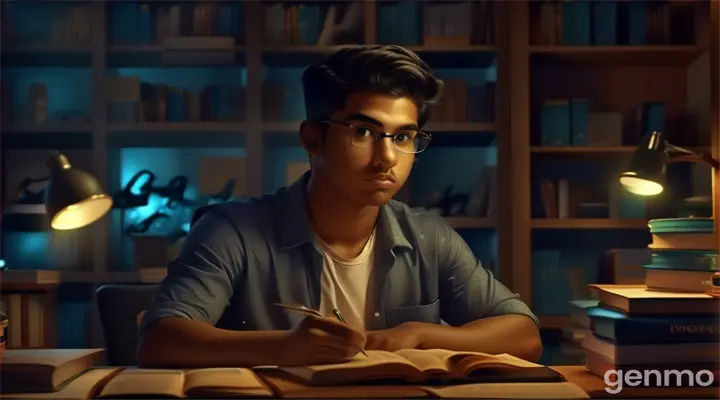 Create an inspiring video of a determined young student studying late at night, surrounded by books and notes, with a focused expression. Highlight his journey through struggles and hard work, showcasing his growth and success in college. Use warm, uplifting colors to convey motivation and perseverance.