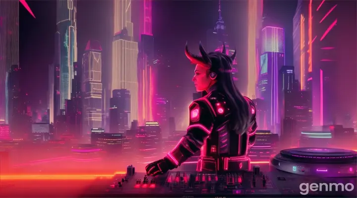 Devil DJ performing on a large speaker surrounded by a neon abyss with towering skyscrapers in the background