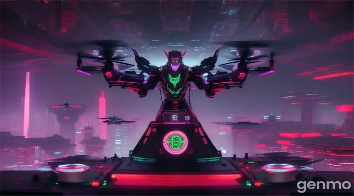 A devil DJ performing on a large speaker in a dark cyberpunk city surrounded by a neon abyss with giant AI-controlled drones hovering above