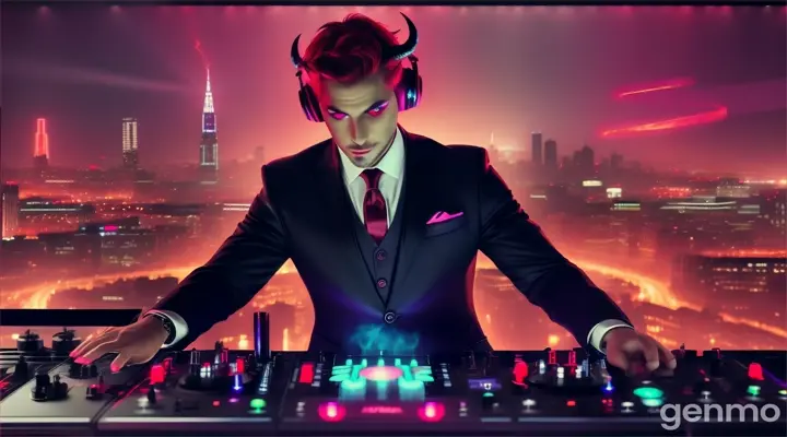 A devil DJ in a suit playing music on a speaker in a dark and demonic city skyline with neon fire in the background