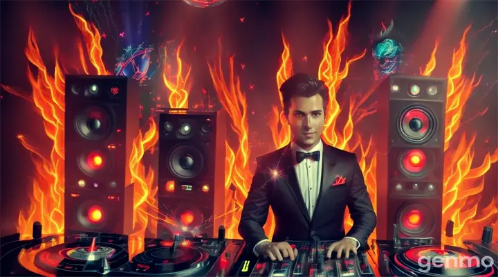 Devil DJ with suit and flaming decks standing in front of a towering stack of speakers, surrounded by a neon inferno of fire