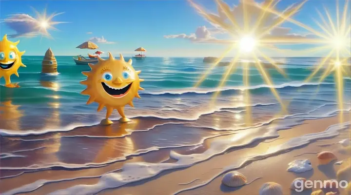 a cartoon sun standing on a beach next to the ocean