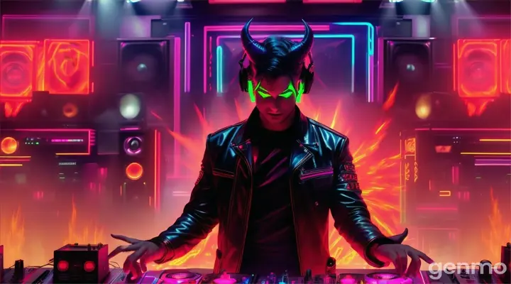 Devil DJ with leather lighting clothe and flaming decks standing in front of a towering stack of speakers, surrounded by a neon inferno of fire