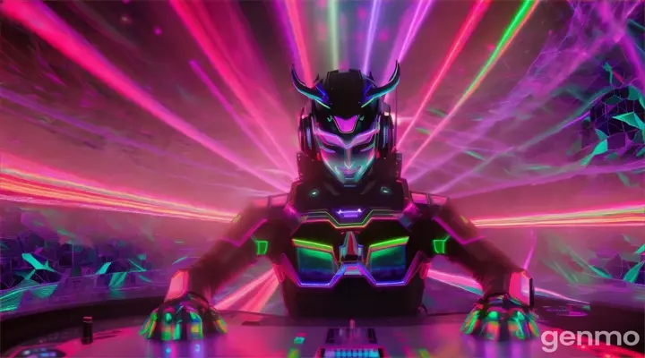 Devil DJ spinning on a holographic platform in futuristic neon Tokyo