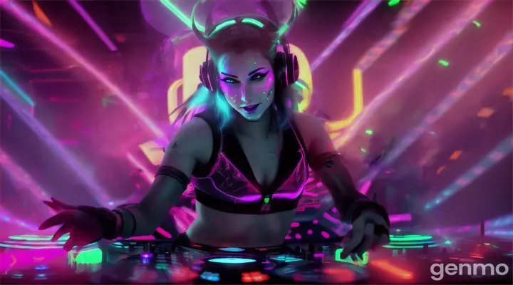 Devil DJ on a neon lit platform in front of a cosmic backdrop, surrounded by levitating dancers