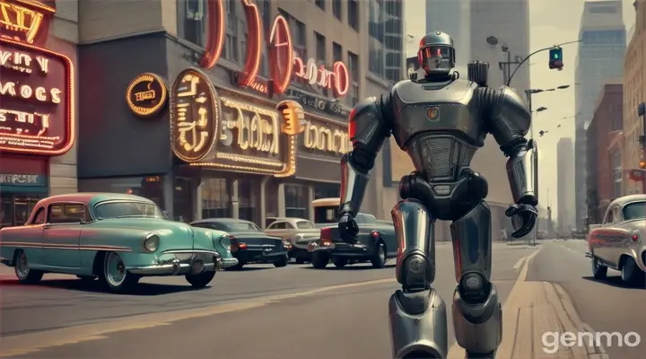 The video shows a scene set in the 1950s, where a T-800 robot walks down the streets of an American city. The cityscape is full of retro vibes, with vintage cars parked on both sides of the street and people dressed in medieval-style clothing, including men wearing top hats and women wearing petticoat dresses. Buildings are decorated with classic neon signs and advertisements from the time, creating a nostalgic atmosphere. The T-800 robot, with its metal exoskeleton gleaming in the daylight, walks determinedly on the sidewalk. Pedestrians look at the robot in shock and curiosity, and some step back to avoid its path. The camera captures a wide shot of the scene, highlighting the contrast between the futuristic robot and the 1950s background. As the robot continues to move forward, it passes a restaurant with large glass windows, through which patrons can be seen reacting to its presence.
