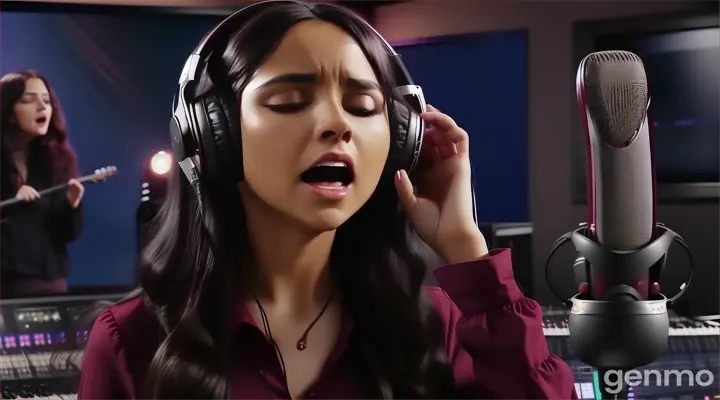 at night, inside the music studio, a singing woman with Long wavy Black Hair maroon long sleeve blouse shirt with her hand on headphone singing with emotional in font of a microphone recording the music