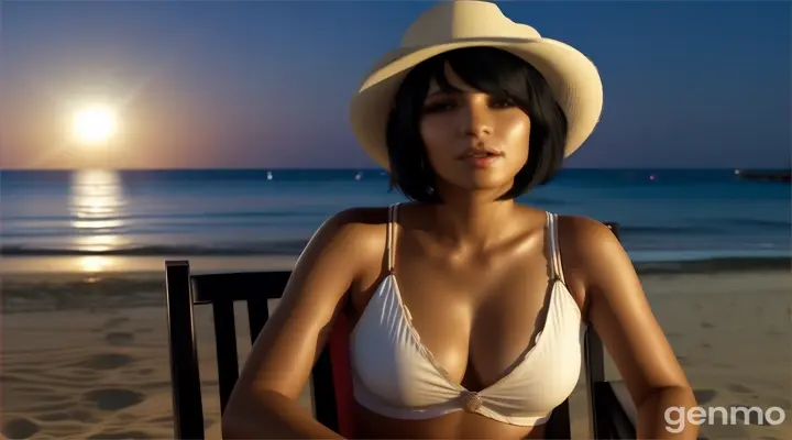 at night, at the hotel beach, a singing woman with Straight Bob Cut Black Hair in cowboy hat shacking her head singing loudly with emotional sitting in a chair looking at the camera