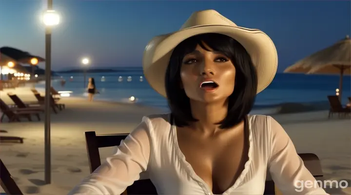 at night, at the hotel beach, a singing woman with Straight Bob Cut Black Hair in cowboy hat shacking her head singing loudly with emotional sitting in a chair looking at the camera