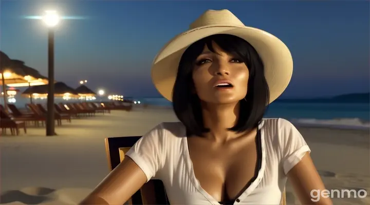 at night, at the hotel beach, a singing woman with Straight Bob Cut Black Hair in cowboy hat shacking her head singing loudly with emotional sitting in a chair looking at the camera