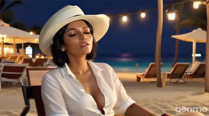 at night, at the hotel beach, a singing woman with Straight Bob Cut Black Hair in cowboy hat shacking her head singing loudly with emotional sitting in a chair looking at the camera