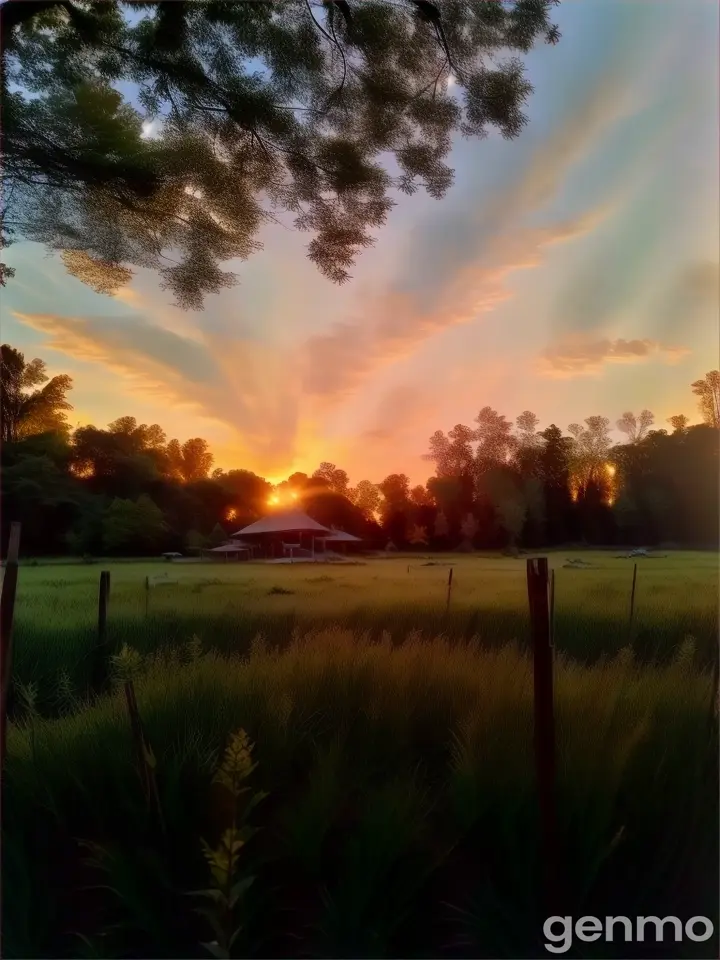 the sun is setting over a grassy field