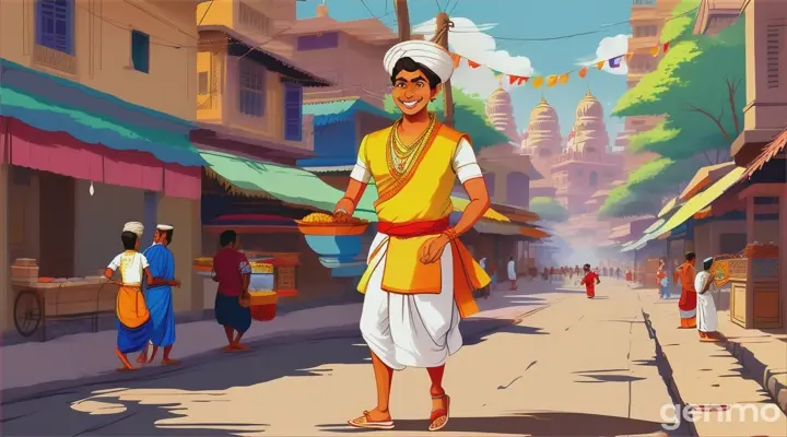  A man in dhoti selling Fritters in village street cartoon 