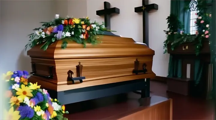 a wooden casket in church with flowers 