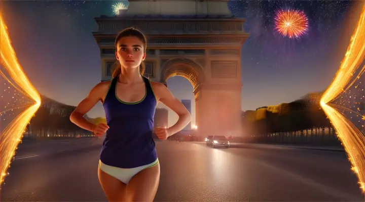 A francesa woman in athletic wear, jogging under the celestial night, fuegos artificiales, arco del triunfo background.