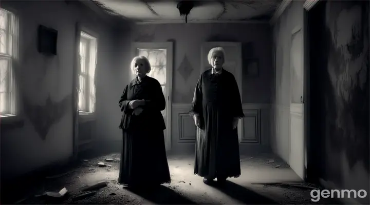  An horror old woman with a mysterious, eerie presence standing in front of  in a dark room inside an abandoned house. She is wearing horror old-fashioned clothes and speaks softly, warning them to leave. The atmosphere is tense, with dark shadows and strange symbols on the walls."