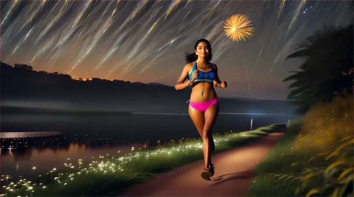 Beautiful india woman in athletic wear, jogging under the celestial night, fuegos artificiales, selva background.