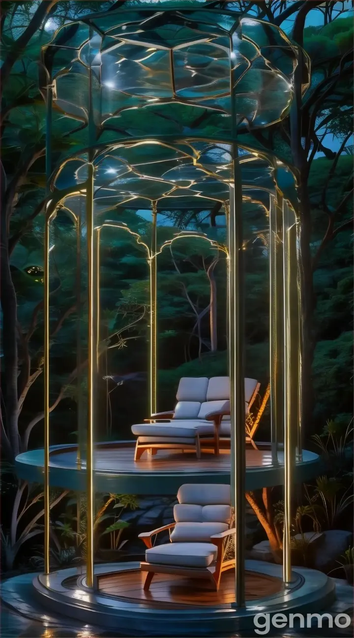 a chair sitting on top of a pool next to a gazebo