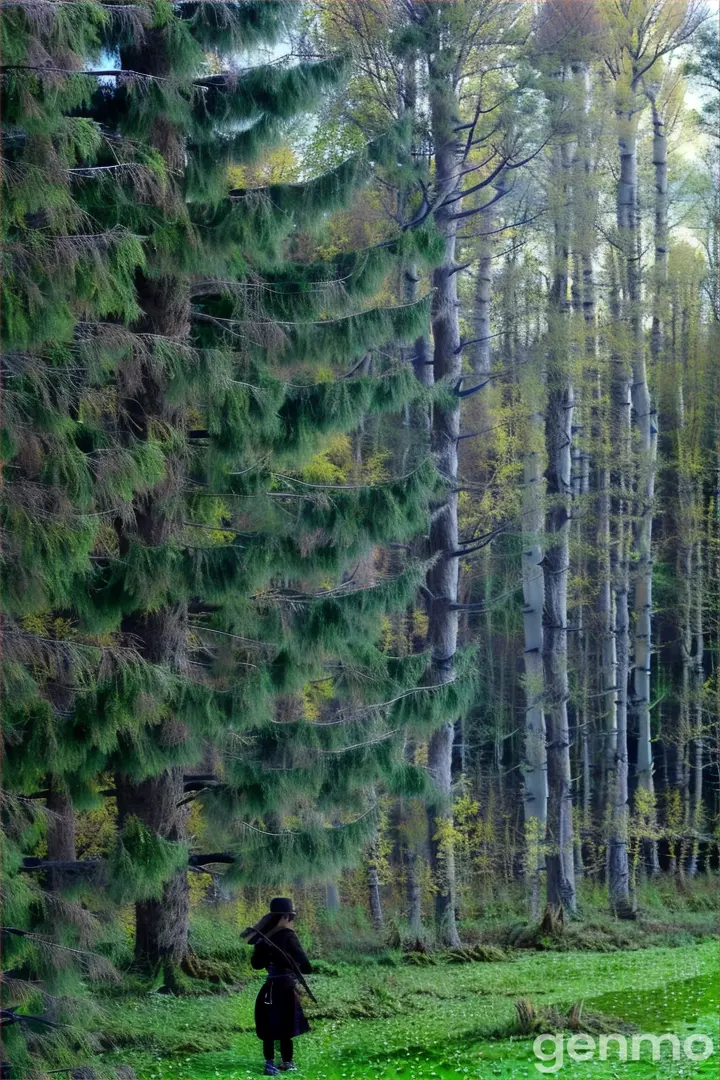 a person walking in the grass near a forest