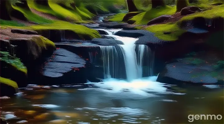 a stream running through a lush green forest