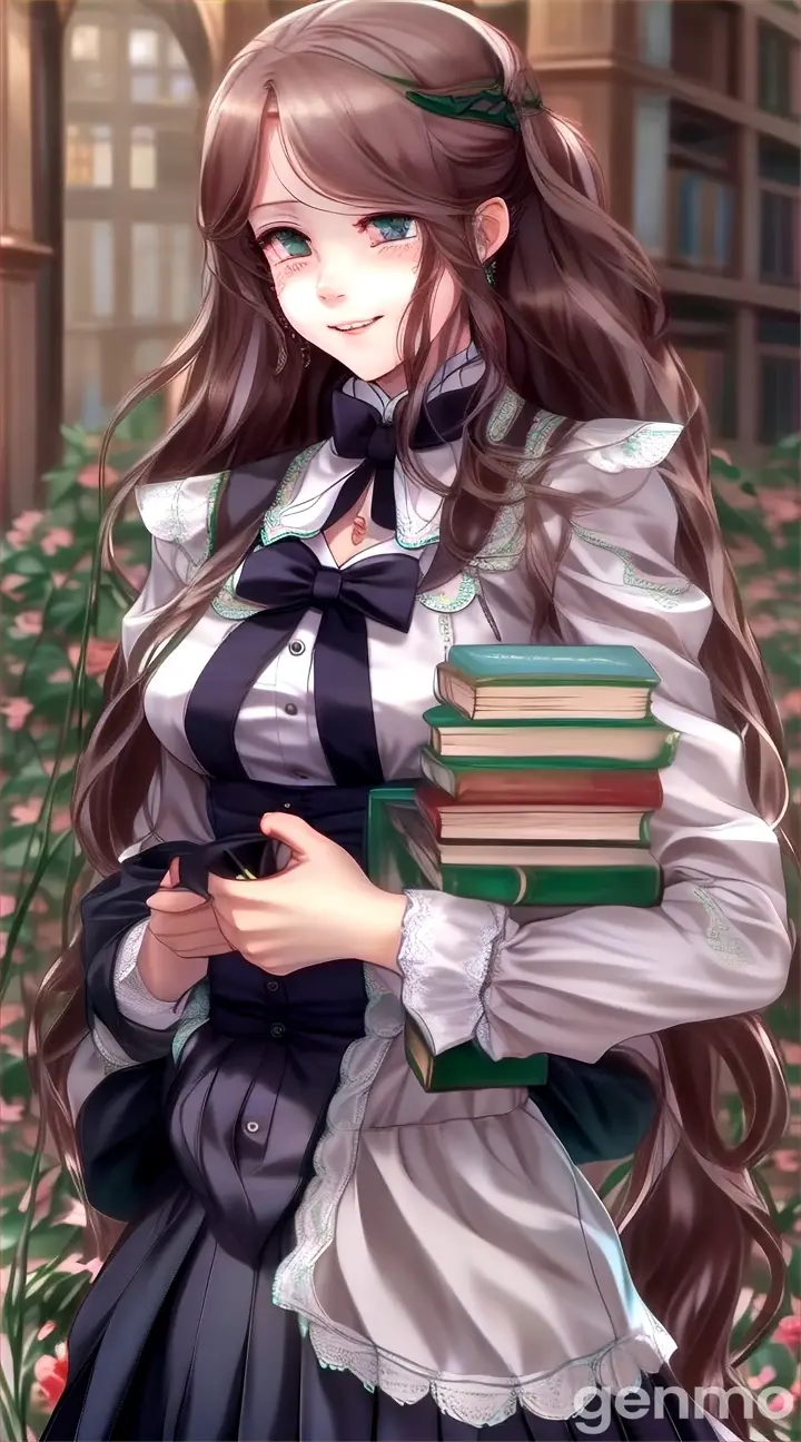 First person view. She smiles happly at the camera, she waves only and only with her right hand to the camera ( her left hand stands still, holding the books). Her hair and clothes are moving. Her eyes are blinking. High quality, hd quality, high definition, anime style, masterpiece