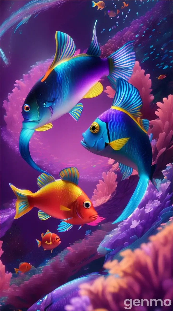 Same story,sixth scene - With this magical power the purple blue colour shimmery fish can cure all people who are sick.animated 3d, Pixar style, vibrant bright colourful, kids story 9:16 ratio, keep the characters consistent looks same 