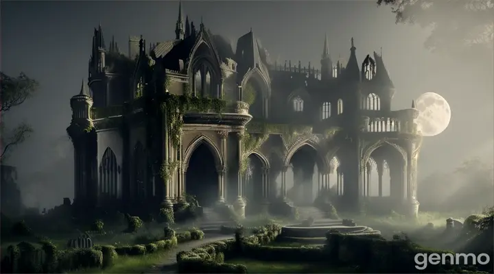 A crumbling, overgrown palace in the moonlight, with vines crawling up its old stone walls. The grand entrance is decayed, with large broken stone doors barely hanging on their hinges. The place feels abandoned, with a thick fog swirling around its base."