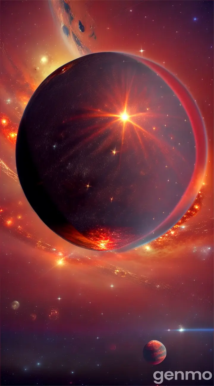 A close-up of a shiny, dark planet with bright, sparkling surfaces, resembling a massive diamond orbited by a fiery red star. The caption reads: “55 Cancri e – the diamond planet!